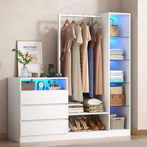 Armoire ouverte moderne avec éclairage LED, <span class=keywords><strong>commode</strong></span> de chambre <span class=keywords><strong>blanche</strong></span> avec porte-vêtements <span class=keywords><strong>et</strong></span> étagères en verre, organisateur de placard intelligent à 3 tiroirs - Product Image 6