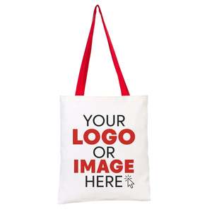 กระเป๋าผ้าฝ้ายสั่งทำพร้อมหูหิ้วสีแดง ขนาด 14x16 นิ้ว พิมพ์โลโก้หรือรูปภาพตามต้องการ  รีไซเคิลได้ พิมพ์โลโก้หรือรูปภาพลงบนกระเป๋าผ้าฝ้ายธรรมดา - Product Image 2