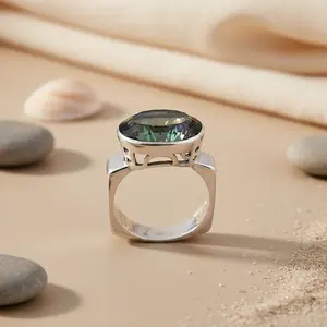 แหวนฮิปฮอปสำหรับผู้หญิง ทำด้วยมือ ชุบโรเดียม ประดับด้วยเทอร์ควอยซ์และมิสติกโทแพซ - Product Image 1