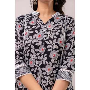 Conjunto de Kurta de Algodón Puro con Estampado Floral Negro, Pantalones de Chifón y Dupatta de Mulmul - Product Image 2