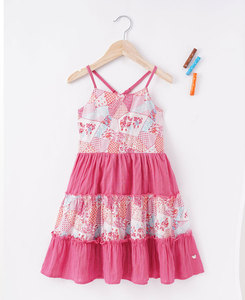 Custom Made <b>Pink</b> Patch Print Panel Tier 100% Cotton Casual Spaghetti Strap Mid-Calf Beach Silhouette Eco-Friendly <b>Girls</b> <b>Dress</b> - Product Image 1