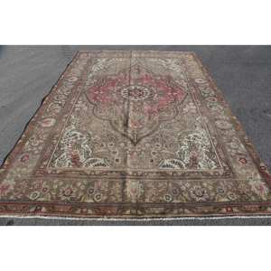 Vintage Turkish Rug Classic <b>Red</b> Beige 7.8x11.4ft Large Area Patchwork Pattern <b>Wool</b> Latex Backed 10mm Thickness Model Room Rug - Product Image 1