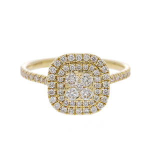 Elegante Anillo de Compromiso de Oro Amarillo de 14K con Baño de Rodio, Clásico con Diamantes Naturales, Diseño Triple Halo con Incrustaciones en Forma de Cuadrado para Mujer - Product Image 5