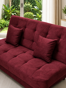 Sofá Cama Minimalista Tapizado en Terciopelo Color Granate, Convertible, con Mechones, Tela Roja, para Sala de Estar, Apartamento, Villa u Oficina - Product Image 3
