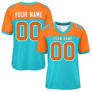 Camiseta de fútbol americano Azul Aguamarina naranja personalizada nombre del equipo número cuello en V uniforme de malla transpirable - Product Image 1