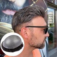 Prothèse capillaire pour homme en cheveux naturels, base en PU ultra-fine, couleur gris poivre et sel, système de remplacement capillaire pour homme