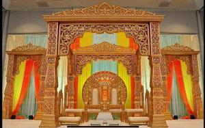 Glamorous Golden Open Concept Wedding Mandap Glittering Golden Fiber Carved Open Mandap Set Exclusive Wedding Half Moon Mandap - Product Image 4