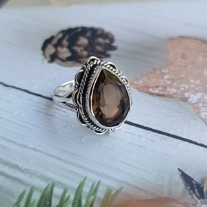 925 Sterling Silver Fine Work <b>Ring</b> with Natural Smoky <b>Quartz</b> Gemstone Classic Vintage Jewelry for Wedding Anniversary & Parties - Product Image 1