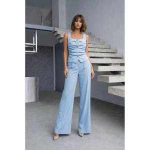 Conjunto de Dos Piezas Mybeefashion para Mujer, Chaleco con Detalle Frontal y Pantalones - Elegante Conjunto Azul de Mezcla de Algodón para Uso Casual o Formal - Product Image 3