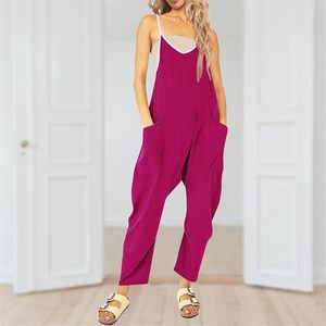 Women Solid Color Spaghetti Strap <b>Jumpsuit</b> Loose Fit Cotton Breathable Casual Spring Summer Ankle Length <b>With</b> <b>Pockets</b> - Product Image 2
