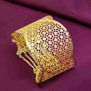 Wholesale Wide 14K 18K 24K Dye Gold Plated Filigree Or Lattice Cuff Bracelets, Traditional <b>Kada</b> Design, Adjustable Cuff Bangle. - Product Image 1