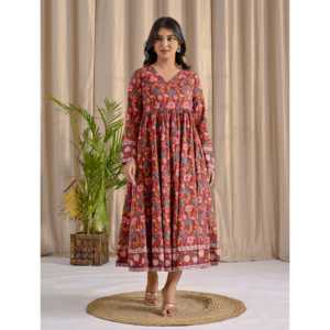 Vestido largo Angrakha rojo con estampado Jaal y vuelo, ropa india y pakistaní - Product Image 4