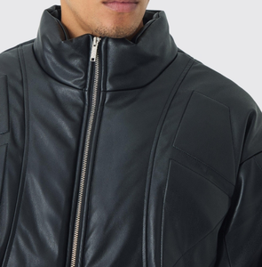 Blousons en cuir PU personnalisés avec logo pour hommes - Col montant, rembourrés devant, coupe slim, imperméables, style moto, hiver - Product Image 3