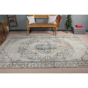 Alfombra Vintage de 5.9x9.7 pies, Alfombra Turca de Lana con Diseño Floral Azul y Blanco - Product Image 2