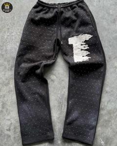 Pantalon droit à jambes larges en strass brillant vintage pour hommes Long cordon Streetwear vêtements pantalon en strass - Product Image 1