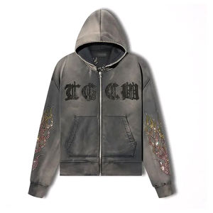 2025 Made in Pakistan Rhinestone Full Zip up Pullover Sudaderas Heavyweight Letters Bordado Sudadera con capucha - Product Image 1