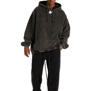 Sweat à capuche en molleton uni délavé à l'acide, broderie, écologique, OEM, vente en gros, couleurs personnalisées, coupe ample, poche - Product Image 5