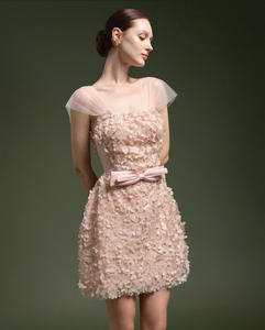 3D Floral Mini Party <b>Dress</b> Cupid's Angel Light Pink Nude 3D Floral A Line Mini <b>Dress</b> with Graceful Bow Accent Made in Vietnam - Product Image 3