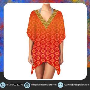 Élégant confortable femmes col en V court caftan robe été décontracté respirant léger numérique imprimé Bikinis vêtements de plage - Product Image 2