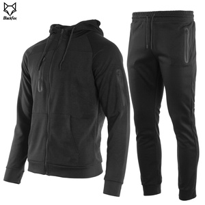 Men's Black Hooded Tracksuit Full <b>Zip</b> Sweatshirt and Joggers Pants Casual Solid Color Polyester Autumn Wear - Product Image 3