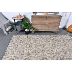 Vintage 3.9x7.1ft Beige Brown Wool <b>Rug</b> Handmade Classic Turkish Style Patchwork Rectangle with Latex Backing for <b>Bedside</b> - Product Image 2