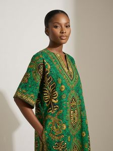 Robe Dashiki Africaine pour Femme - Imprimé Bogolan Vert Premium en Lin et Coton, Manches Courtes, Respirante, Écologique, Coupe Ample Traditionnelle - Product Image 4