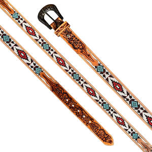 Ceinture unisexe vintage en cuir véritable sculpté à la main, style western classique, avec perles, boucle en alliage de zinc, broderie, couleur et taille personnalisables, 40 mm - Product Image 3