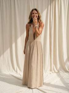 <b>Crinkle</b> Cotton Spaghetti Strap Deep Plunge Maxi <b>Dress</b> Women Regular Fit Boho Beach <b>Dress</b> Solid Eco-Friendly Plain Dyed - Product Image 3