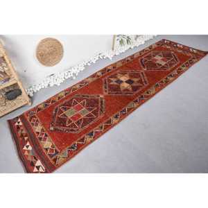 Turkish Vintage Rug, 2.8x9.6 ft Herki Rug, <b>Red</b> Blue Check <b>Wool</b> Rug - Product Image 2