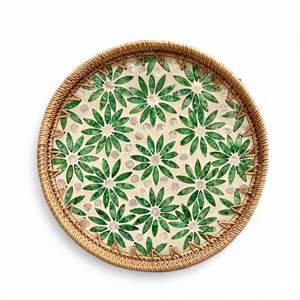 Plateau décoratif en rotin fait main avec incrustation de nacre, écologique, coquille naturelle, plateau de table pour la maison - Product Image 2