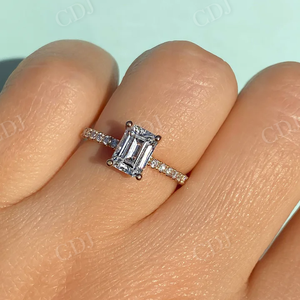 Bague de fiançailles Moissanite en or jaune massif 14K taille émeraude bijoux en diamant de haute qualité Halo caché demi-éternité GRA - Product Image 1