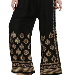 Nueva llegada negro dorado estampado rayón Palazzo pantalones costura Palazzo pantalones para mujer - Product Image 1