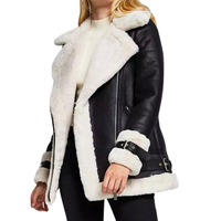 Blouson d'hiver pour femme en cuir de mouton teint long, style motard, avec doublure en soie et design fonctionnel en fourrure, résistant pour l'automne/hiver