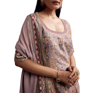 Lavender Silk Palazzo Suit Embroidered Printed <b>Kurta</b> Wholesale <b>Women</b> Ethnic Apparel OEM Factory Supplier Custom Suit Set Party - Product Image 2