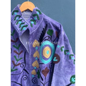 Unisex Short Suzani <b>Velvet</b> Jacket with Floral Embroidery Stand Collar and Cotton Lining for Spring Season - Product Image 2