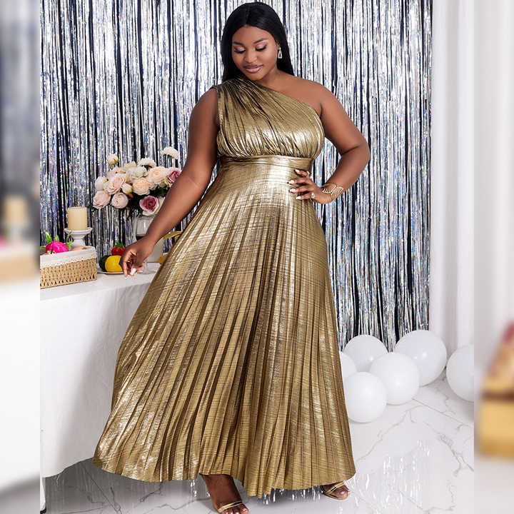 Women Beads Party Maxi Dress Elegant One Shoulder Gold Long Sequin Evening Dress