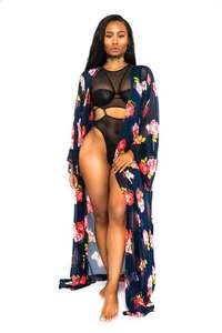 Summer Ladies' Long Beach <b>Kaftan</b> Sleeve Center Slit Waist Multicolor Printed Chiffon Rhinestone Technique Long Sleeve Beach - Product Image 4