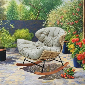 Chaise longue relaxante Benely avec coussin en tissu Kagawa, design moderne asiatique, chaise longue en rotin pour usage extérieur dans les villas et les hôtels - Product Image 4