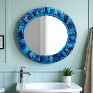 Miroir mural rond en agate bleue, artisanal, moderne, en verre, avec décoration intérieure de salle de bain et pièce personnalisée pour la maison - Product Image 2