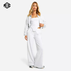 Nuevo conjunto de Sudadera con capucha corta de gran tamaño para mujer, pantalones de chándal de pierna ancha, conjunto de chándal de 2 piezas de algodón transpirable con LOGO personalizado - Product Image 1
