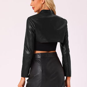 2024 New Design Custom Logo Turn-down Collar Leather Jacket OEM Service Woman PU Leather Crop <b>Top</b> Jacket - Product Image 2