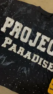 Camiseta cuadrada de algodón de manga corta con bordado de retazos desgastado lavado de peso pesado personalizado para hombre con diamantes de imitación antiarrugas - Product Image 5