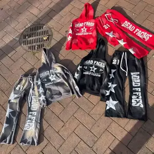 Ensemble de survêtements d'hiver 2 pièces en molleton imprimé coupe droite personnalisée avec sweat à capuche zippé et pantalon de jogging évasé en coton - Product Image 6