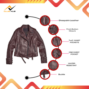 Femmes col en V laine mince respirant fermeture à glissière couleur personnalisée tricoté en cuir véritable veste de moto - Product Image 5