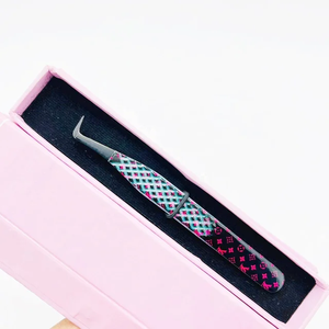 Pinzas de extensión de pestañas Tipo L con agarre de diamante de calidad superior Acero inoxidable sólido con puntas de volumen de fibra de belleza de etiqueta privada - Product Image 5
