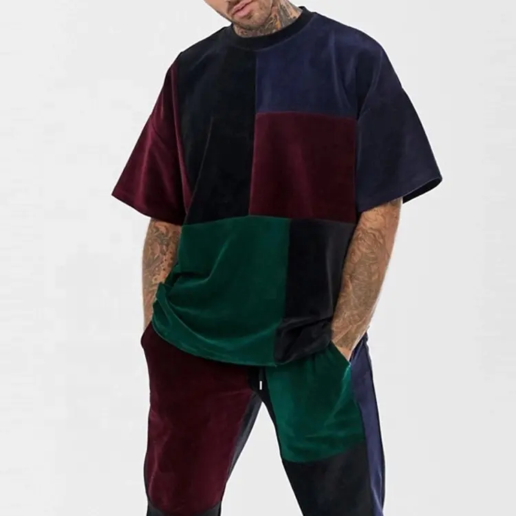 Dernier modèle de t-shirt en velours respirant à patchwork surdimensionné pour hommes avec ensemble court survêtement ensemble court en velours à blocs de couleurs pour hommes