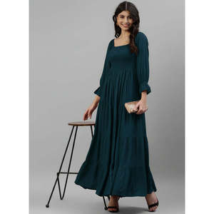 DEEBACO Women's Solid Viscose Rayon Smocked Tiered <b>Dress</b> 3/4 Puff Sleeves Square Neck Fit & Flare Maxi Length Summer Western - Product Image 1