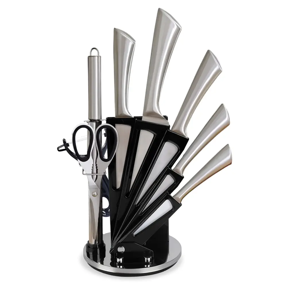 Migliora la tua cucina con l'elegante coltello e le forbici "Marvisto" incastonati in un supporto di metallo