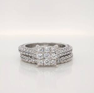 Anillo de compromiso con moissanita de corte redondo de 3 quilates, estilo racimo cuadrado, conjunto nupcial, anillo de oro blanco macizo de 14 quilates para mujer - Product Image 1