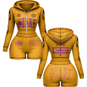 ชุดเซ็ตเสื้อยืดคอกลมผ้าฝ้าย 100% และกางเกงขาสั้นทรงบู้ตี้สีเหลือง ดีไซน์กราฟิกพิมพ์ลายตามสั่ง พร้อมซิปฮู้ดดี้คุณภาพสูง - Product Image 1